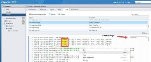 Search for logs in the VMware Host Client.