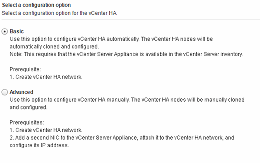 VCenter HA configuration options.