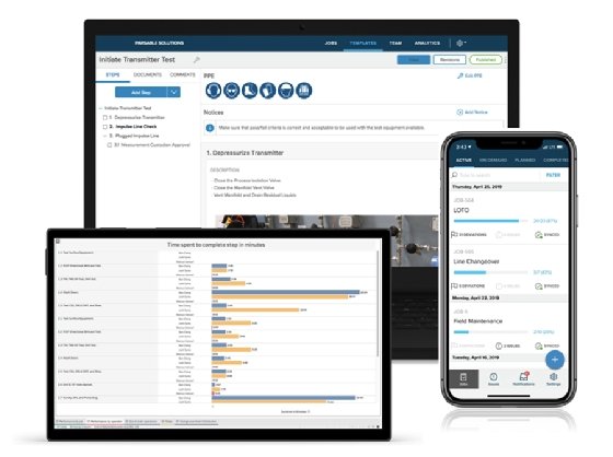 Connected worker software interface shown on laptop, tablet and smartphone screens with job lists, work instructions, safety icons and analytics