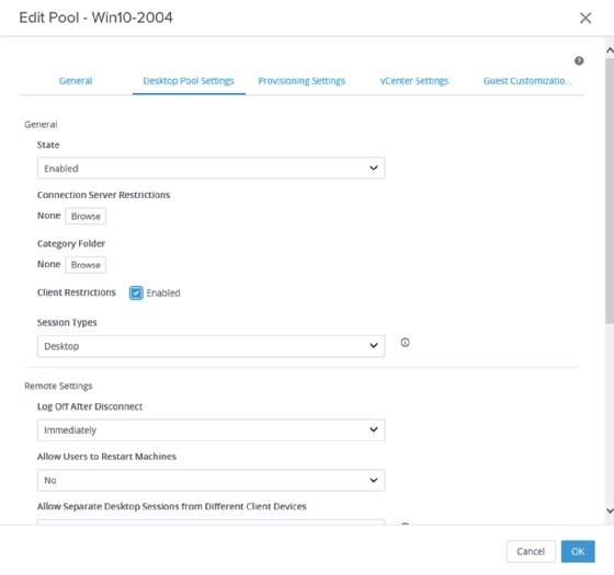 VMware desktop pool settings