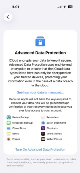 Screenshot of the Advanced Data Protection page on an iPhone.
