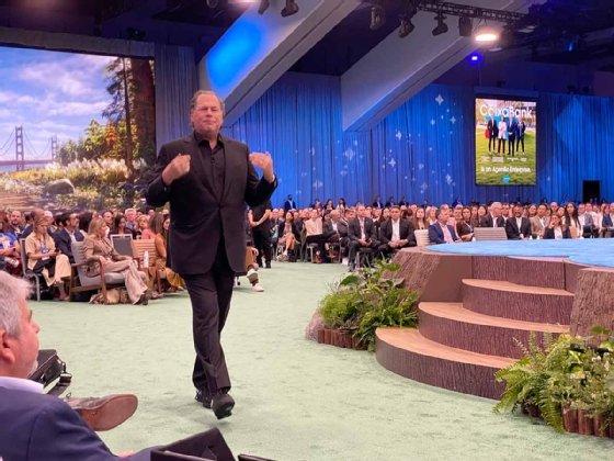 Photo of Salesforce CEO Marc Benioff speaking at Dreamforce 2025