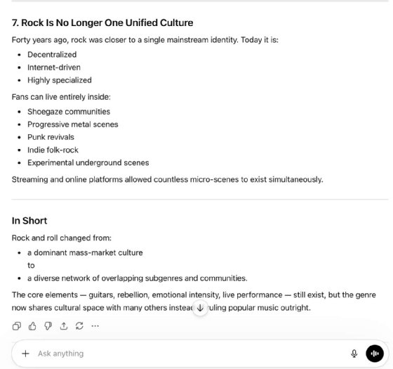 Screenshot of ChatGPT interface with the final two sections of an answer to the question regarding rock and roll music.