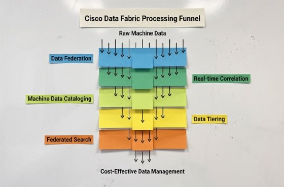 Funnel diagram illustrating how Cisco Data Fabric processes raw machine data into cost-effective data management.