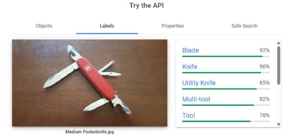Google Cloud Vision API identifies pocketknife image.