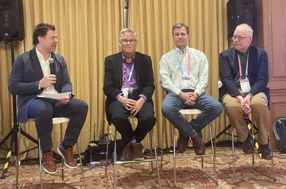 Domo chief design officer and futurist Chris Willis (left), InformationWeek journalist Myles Suer (second from left), BARC U.S. analyst Kevin Petrie (second from right) and Dresner Advisory Services analyst Chris von Simson discuss AI development during a breakout session at Domo's annual user conference.