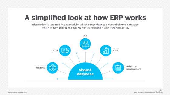 Diagram showing ERP architecture where finance, HR, CRM and supply chain modules connect to a central shared database.
