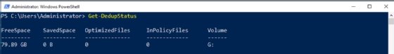 A screenshot showing the current deduplication status using get-dedupstatus.