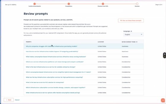 HubSpot AEO prompt generation screenshot