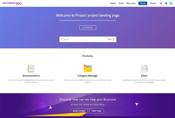 A screenshot of a Document360 knowledge base demo site.