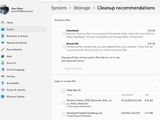 A screenshot showing Cleanup recommendations for freeing up space