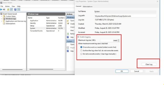 Windows Event Viewer System log properties showing maximum log size, overwrite settings and Clear Log option.