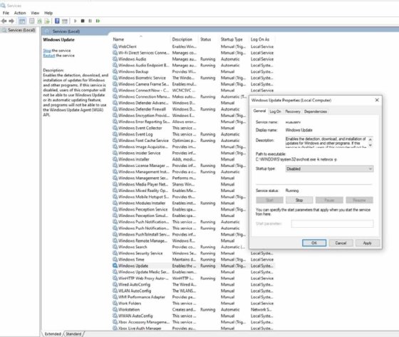 The Windows Update Properties page in the Service Control Manager.