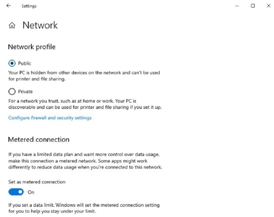 The Settings page for a specific network in Windows 10.