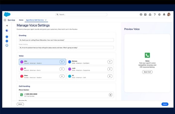 Salesforce Agentforce Help Agent customer service AI voice configurator screenshot