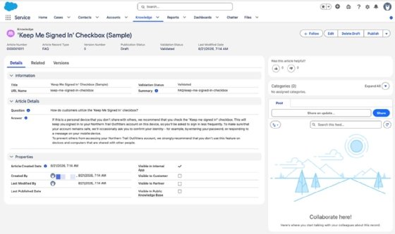 A screenshot of a Salesforce Knowledge dashboard sample