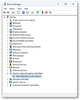 The list of the computer's devices in Windows 11 Device Manager. The Sound, video and game controllers category is expanded, with the High Definition Audio Device selected.
