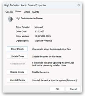 The Driver tab in the Properties dialog box for the High Definition Audio Device driver.