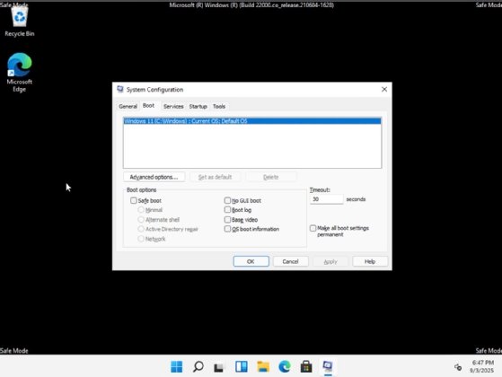 The 'System Configuration' screen in Windows 11 Safe Mode.