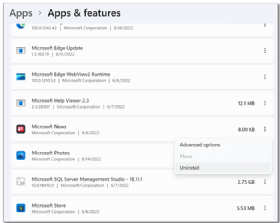 The 'Apps & features' screen, with the option to uninstall an app highlighted.