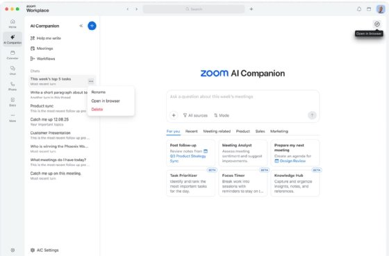 A screenshot of AI Companion in Zoom Workplace